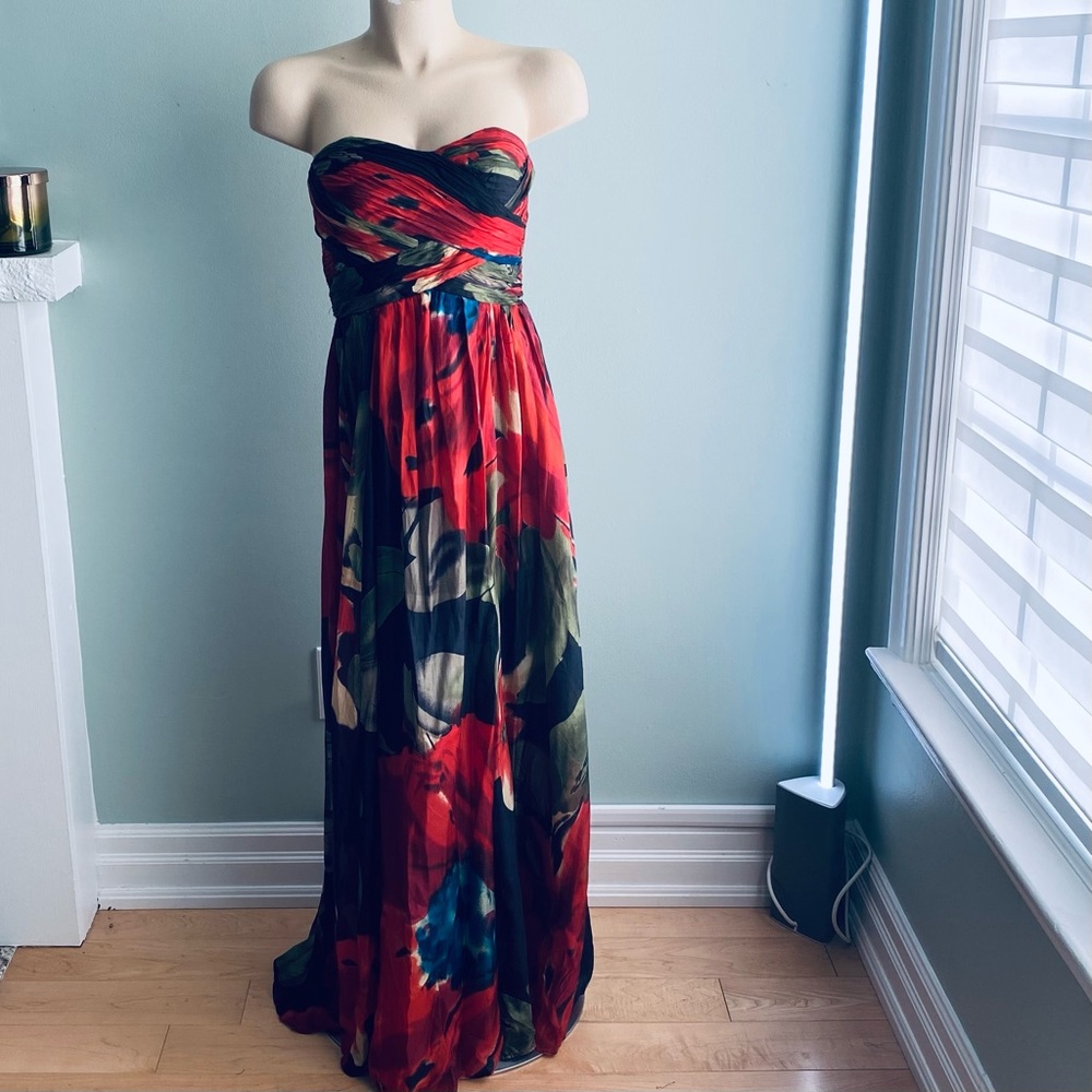 Silk Multicolor Gown Floral Strapless Formal Dress